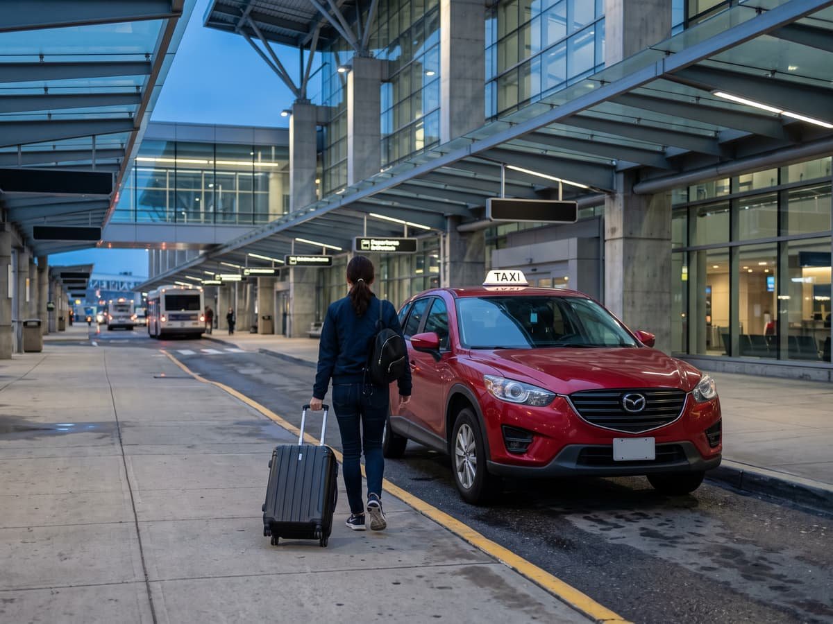 Traveler with her suitcase next to the red taxi at the Tampa airport departures lane