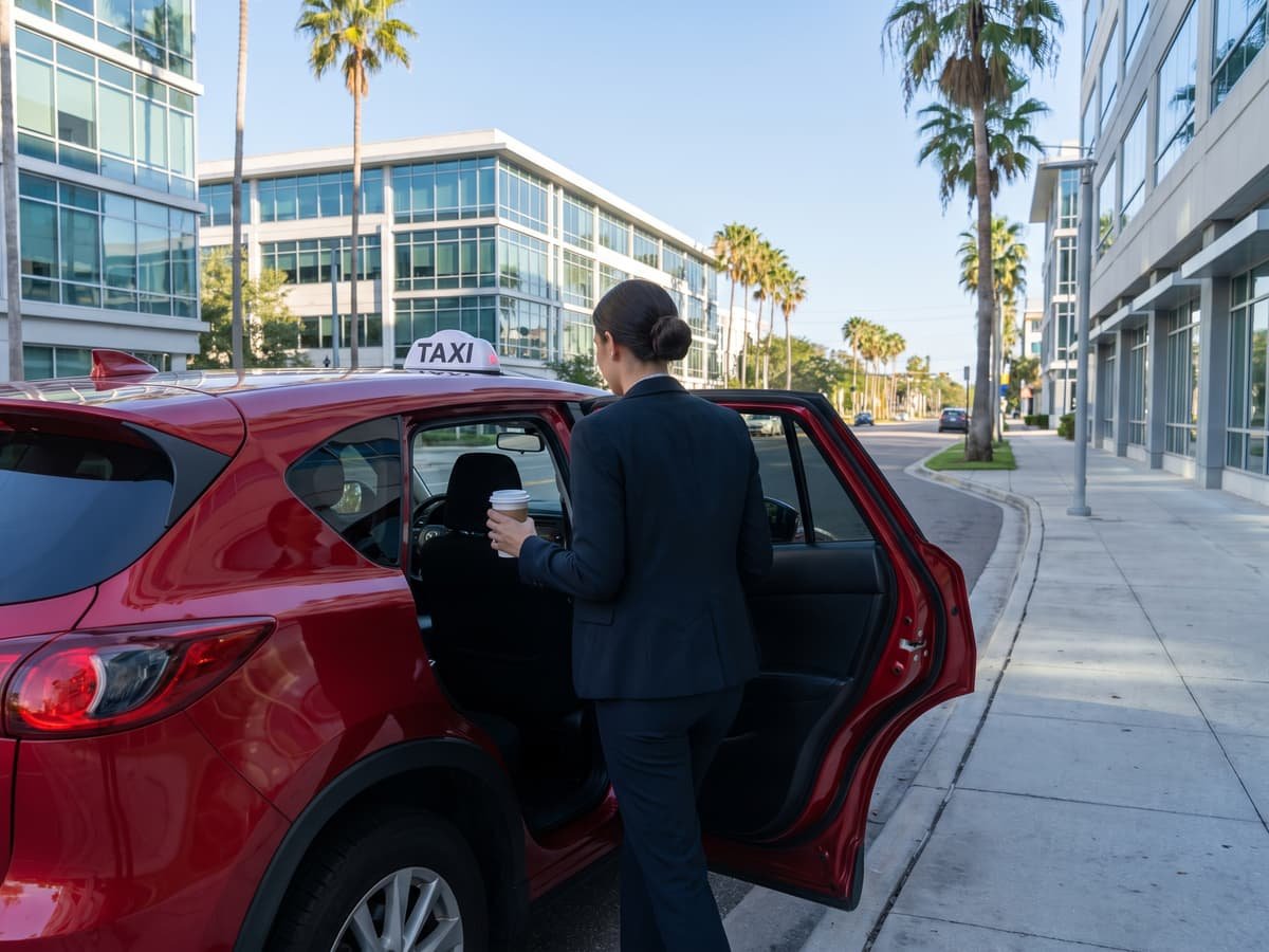 Professional with a coffee getting into the red taxi on an office avenue in the morning