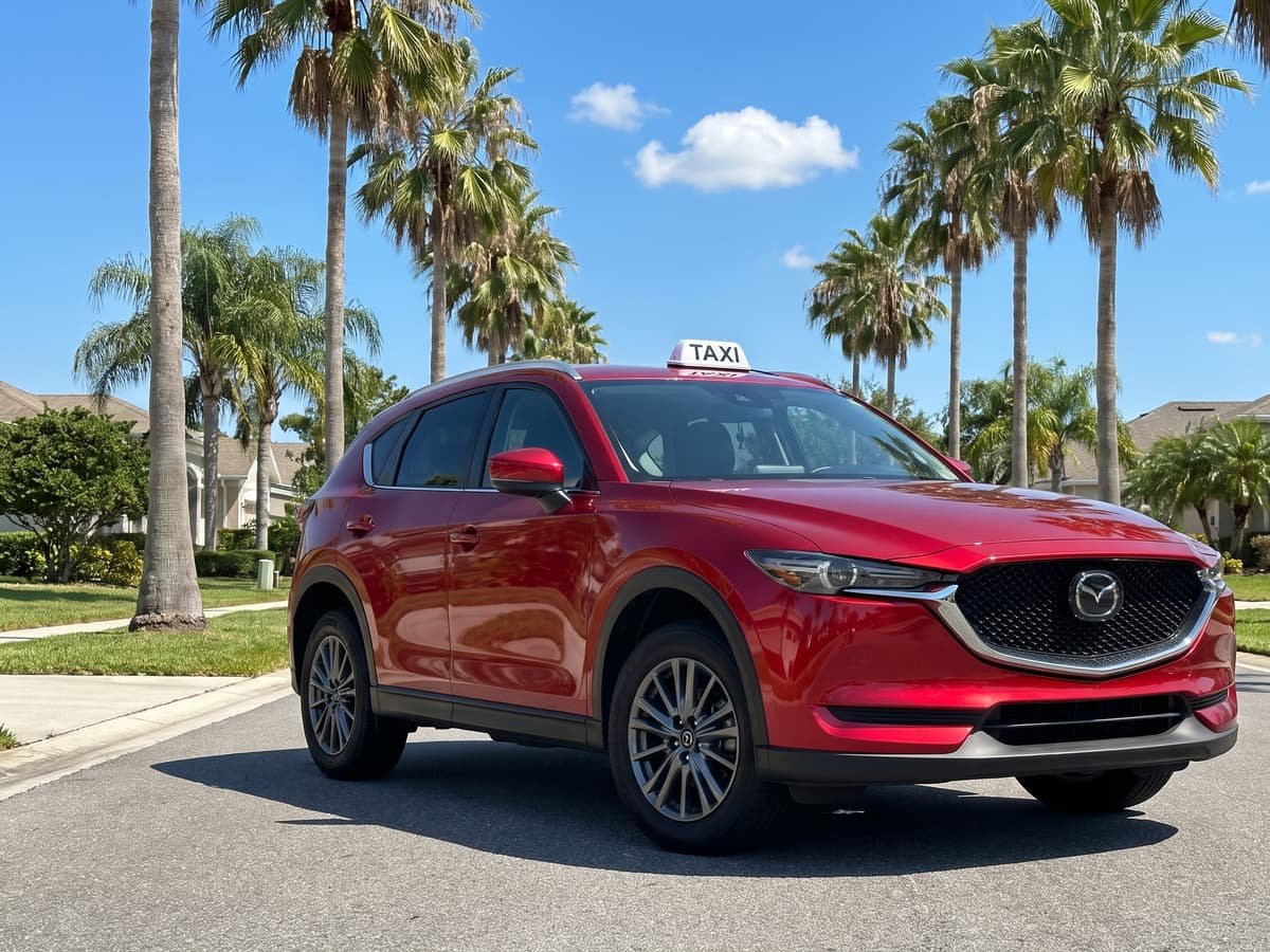 El taxi rojo de Latino Express bajo las palmeras de un vecindario de Tampa en pleno día