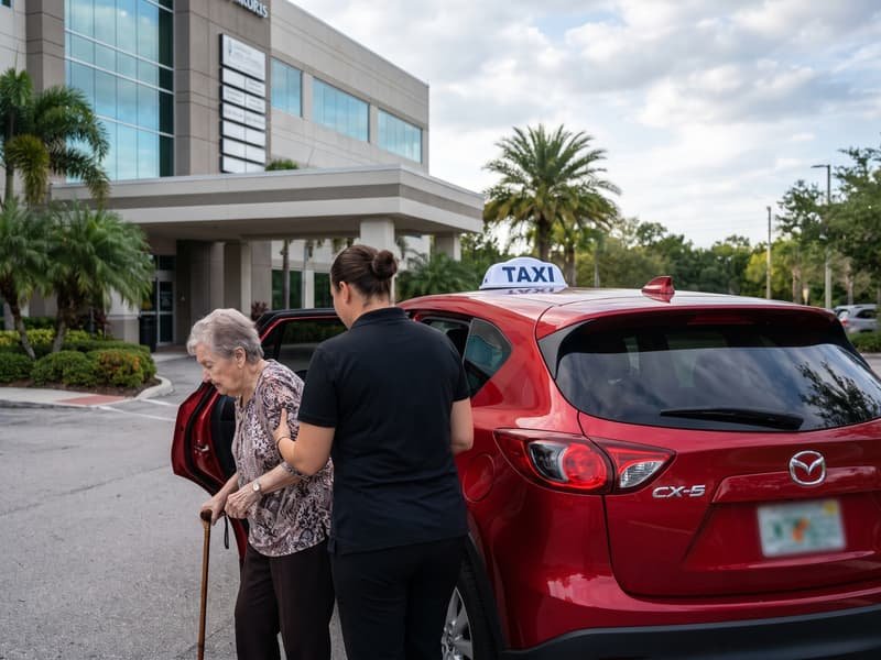 Conductora ayuda a una señora mayor a bajar del taxi frente a un edificio médico