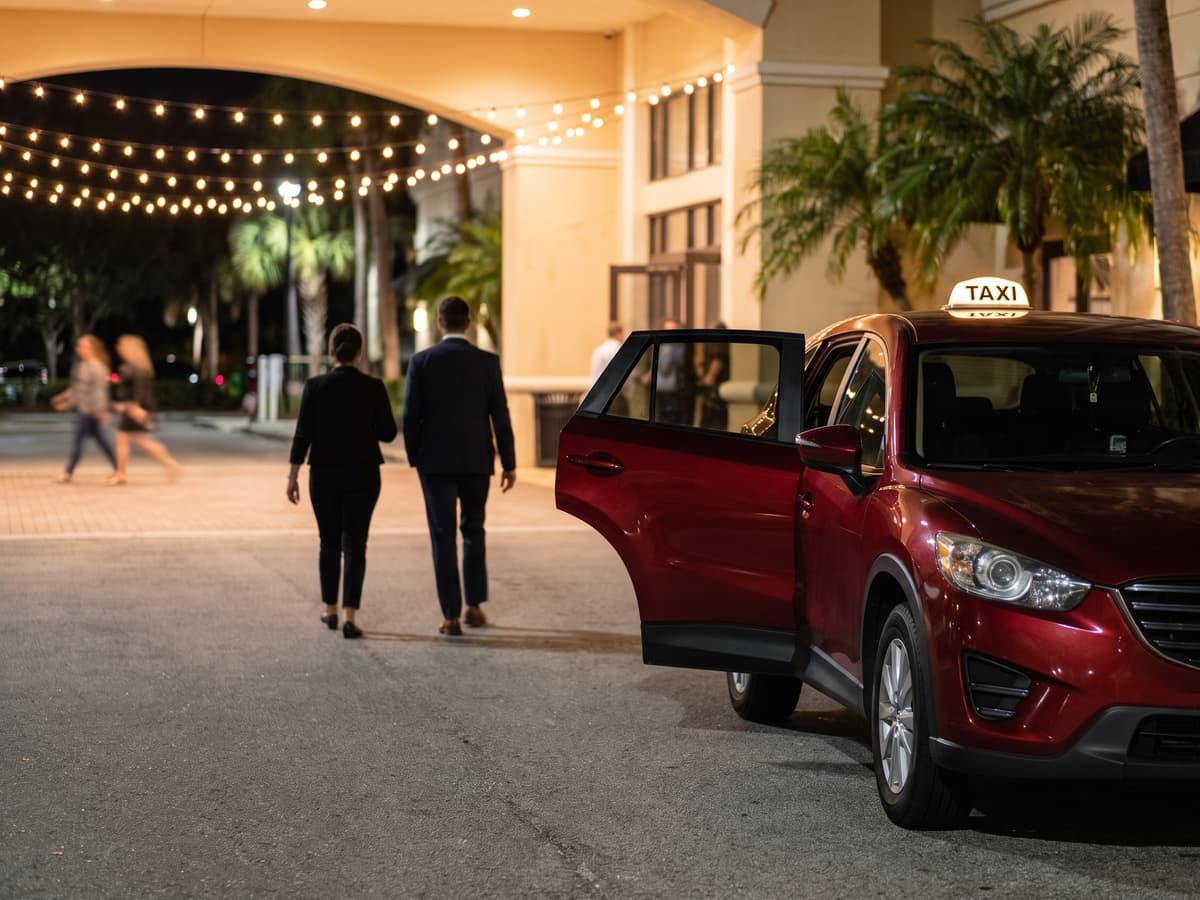 The red taxi waits with its door open outside the lights of a night event
