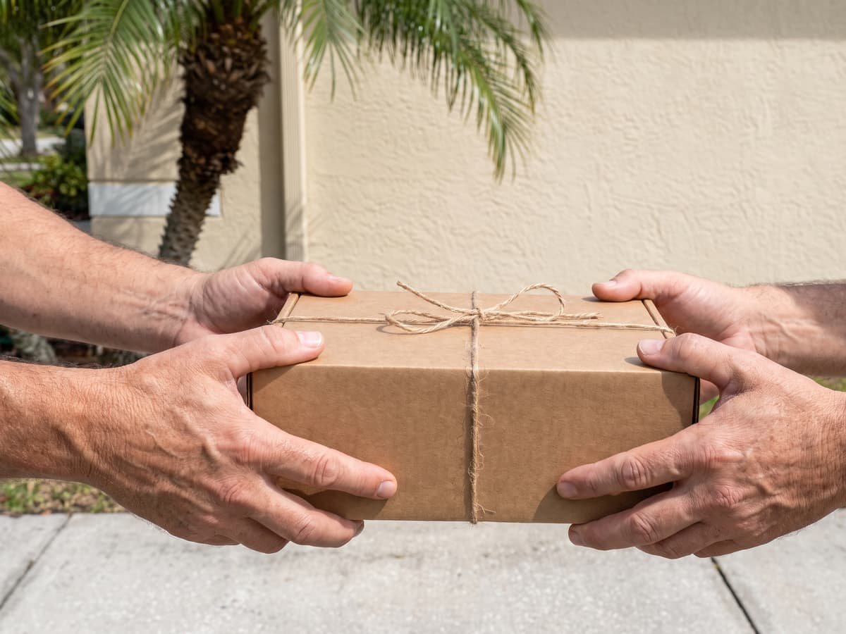 Manos entregando una caja kraft con cordel en una entrega de paquetería