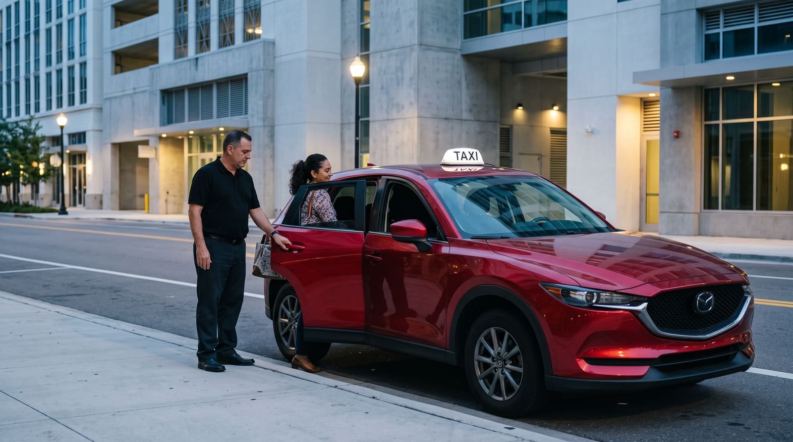 Latino Express driver holds the red taxi door open for a passenger in Tampa