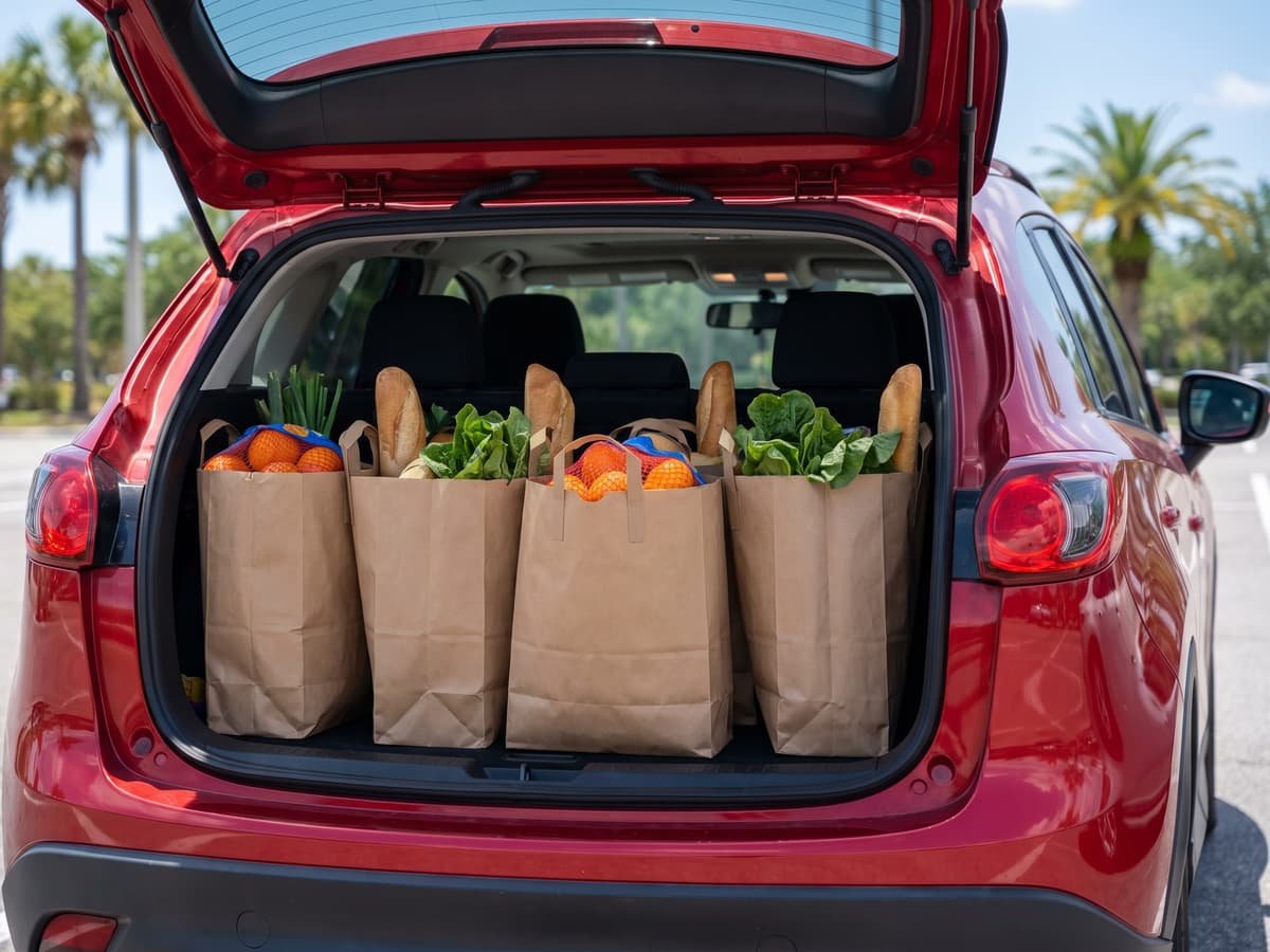 Red taxi trunk loaded with grocery bags under the Tampa sky